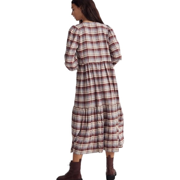 NWT Madewell Plaid Tiered Puff Sleeve Midi Dress in Dusk Peri Plaid - XXS XS - Picture 2 of 16